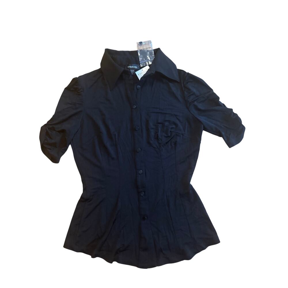 NWT Bebe Vintage Black Stretchy Fitted Button Up Collared Shirt Ruched Sleeves S